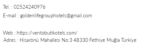 Golden Life Vento Butik Hotel telefon numaralar, faks, e-mail, posta adresi ve iletiim bilgileri